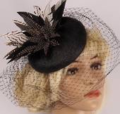  Head band net  hatiinator w feathers black and white STYLE: HS/3027 /B/W
